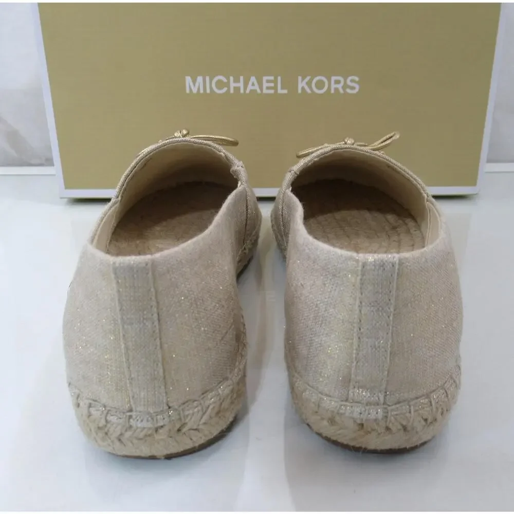Michael Kors Nori Slip On Size 7 Espadrille MK Logo Metallic Linen Pale Gold